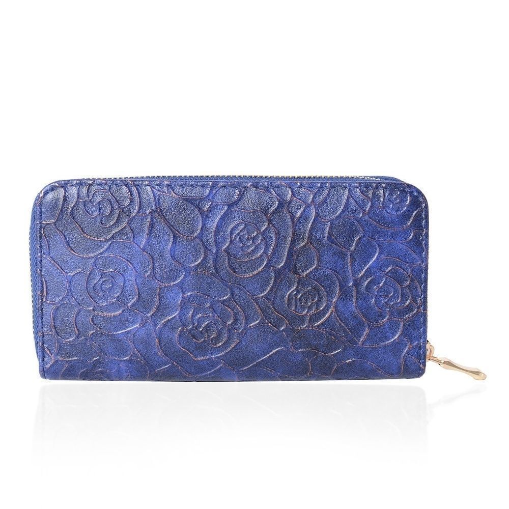 Wallet Embossed Rose Pattern Metallic Frame Blue